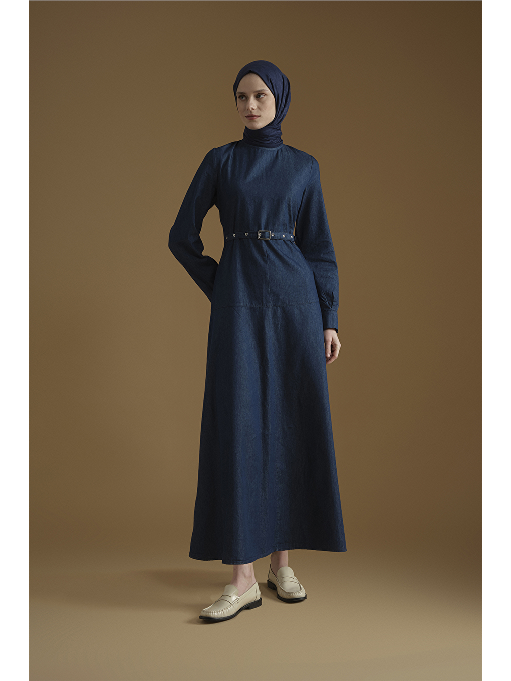 Kemer Detaylı Denim Elbise Lacivert-5