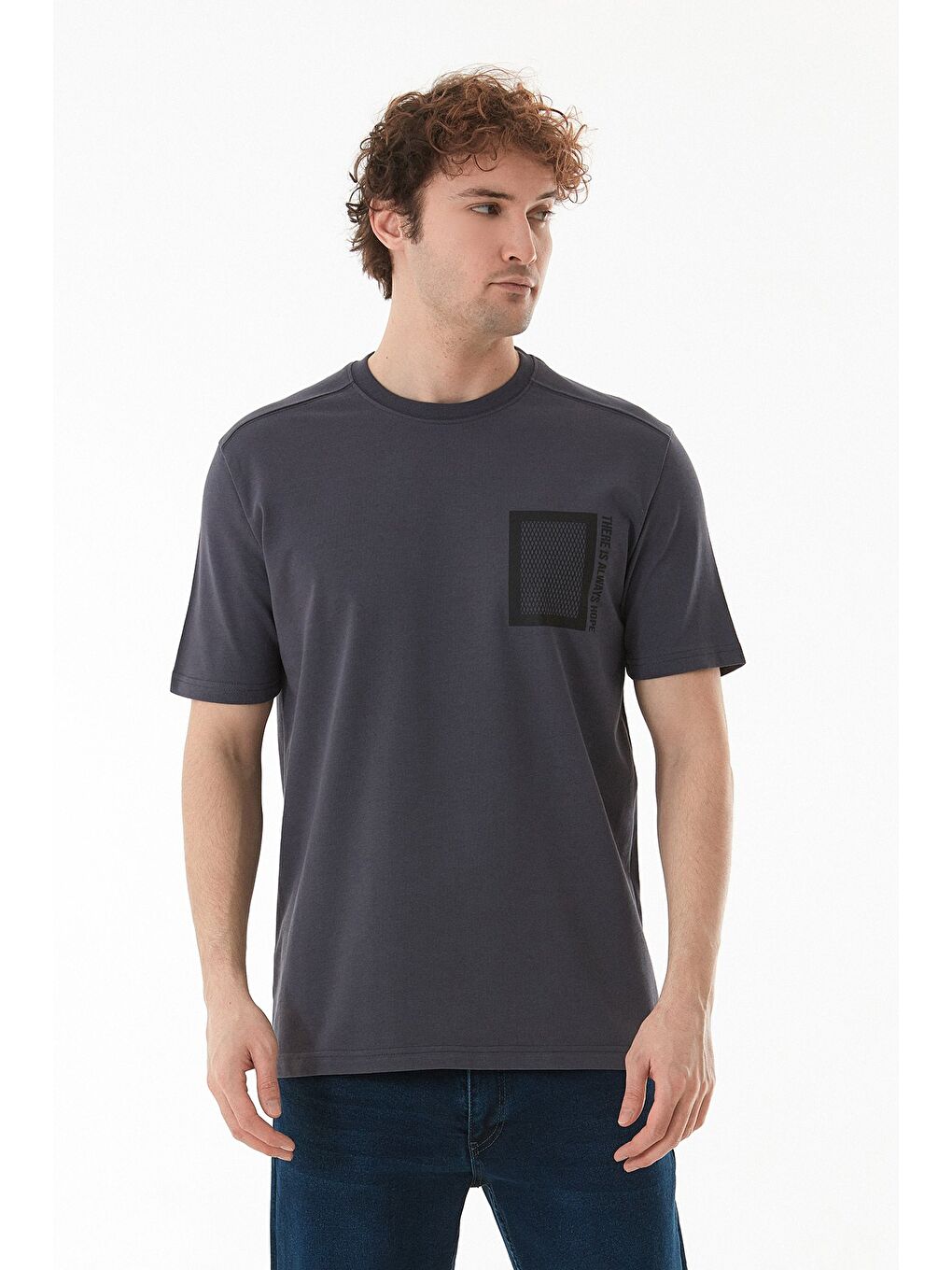 Gri Baskılı Bisiklet Yaka Tişört-1