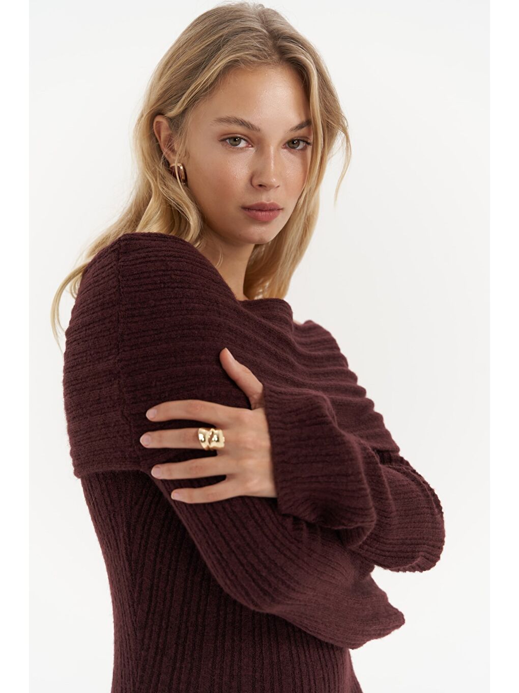 Valencia Carmen Yaka Bordo Uzun Triko Elbise-5