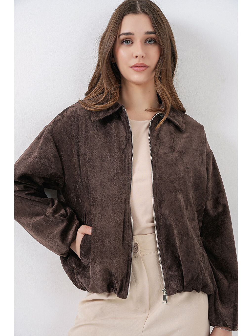 Kadın Büzgülü Oversize Kadife Ceket 0733 - Kahverengi-2