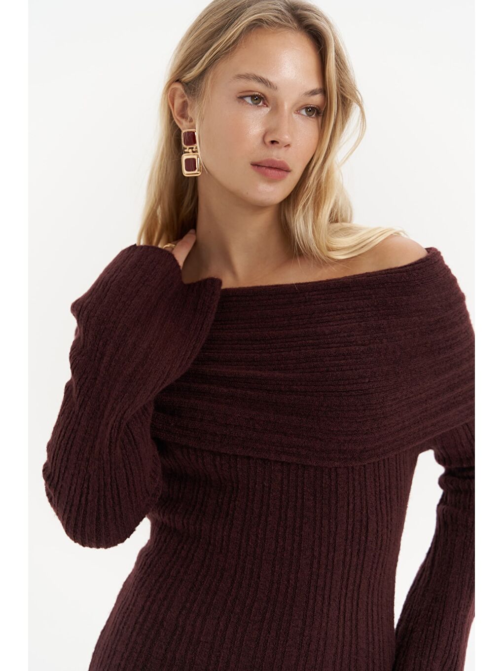 Valencia Carmen Yaka Bordo Uzun Triko Elbise-6