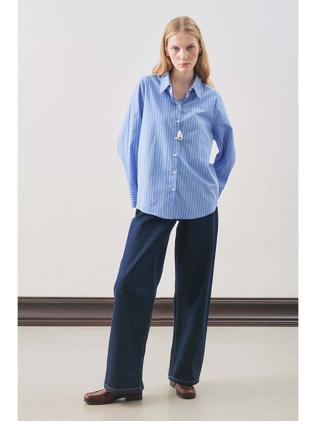 Oversıze Çizgili Gömlek Mavi Çizgi-2