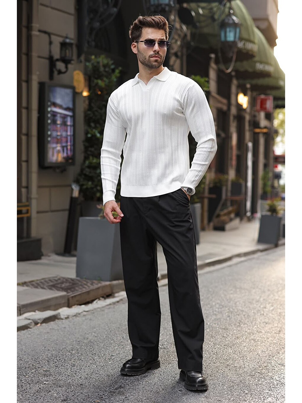 Beyaz Polo Yaka Desenli Over Fit Erkek Triko Kazak E7517-3