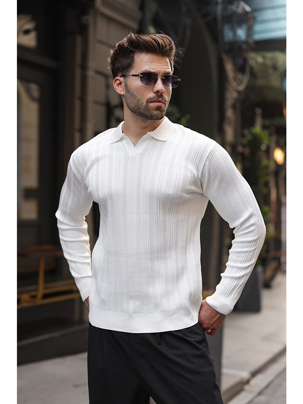 Beyaz Polo Yaka Desenli Over Fit Erkek Triko Kazak E7517-4