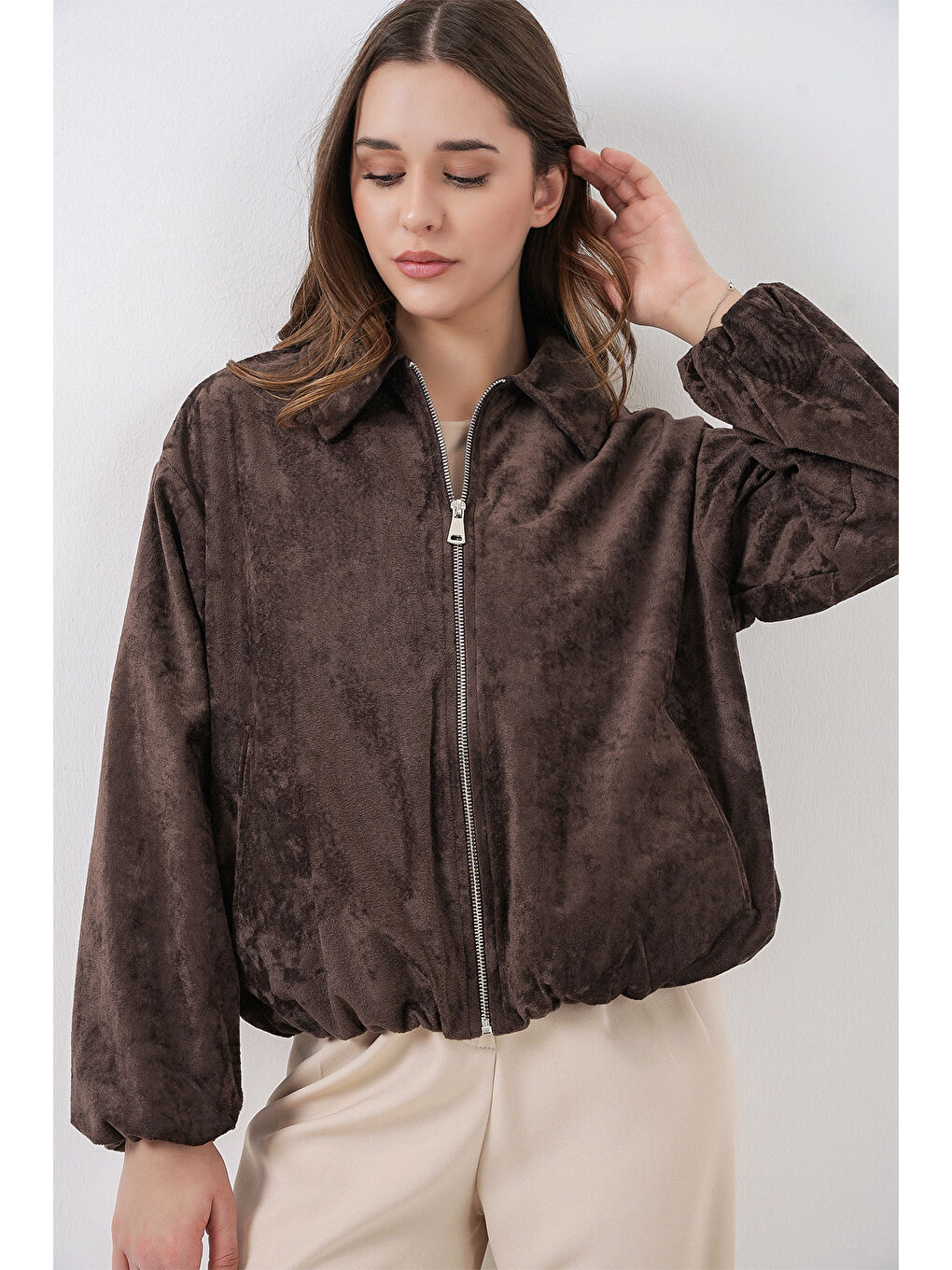 Kadın Büzgülü Oversize Kadife Ceket 0733 - Kahverengi-3
