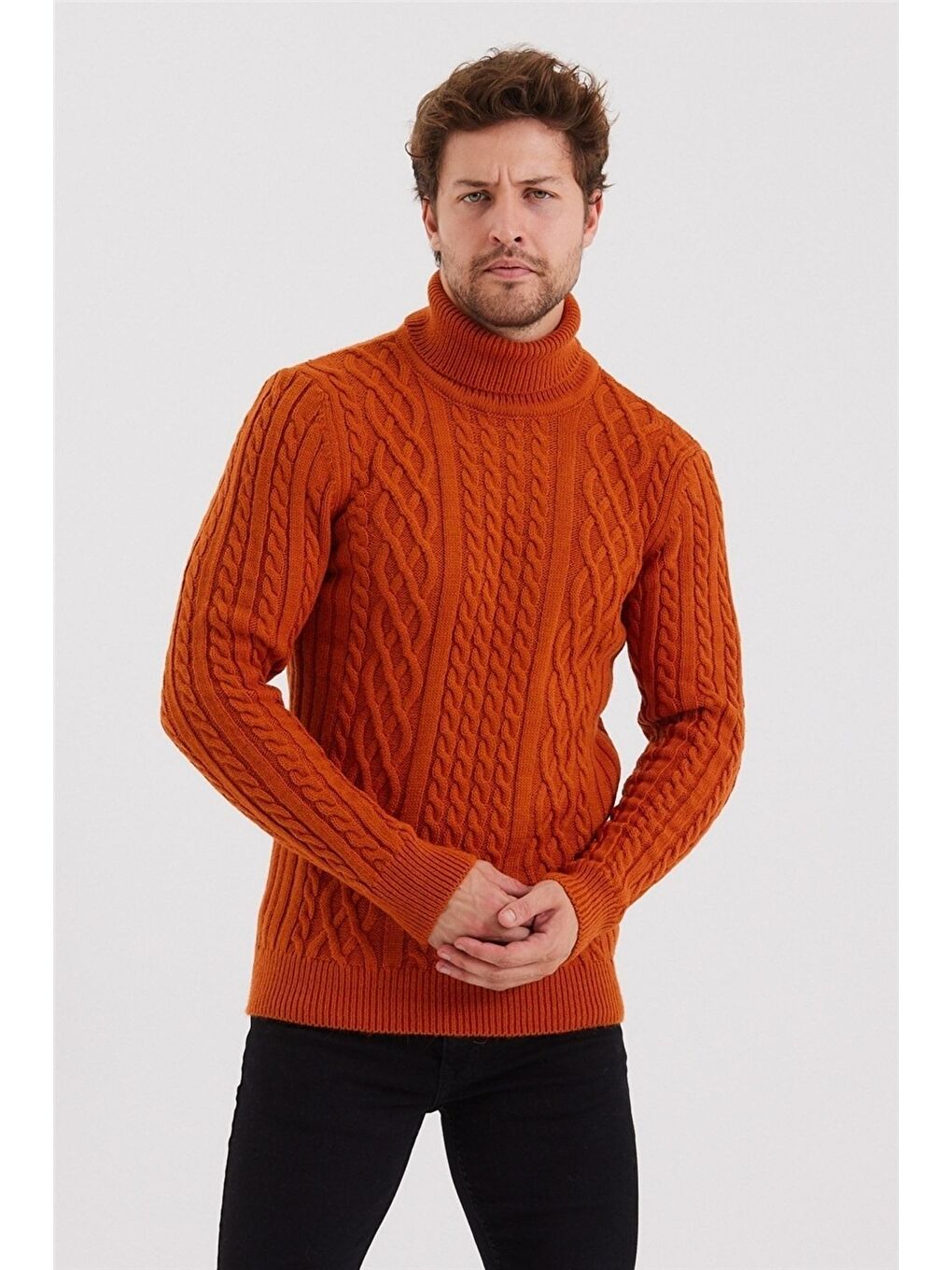 Kahverengi Erkek Örgü Desenli Triko Kazak-trz8152r03s-1