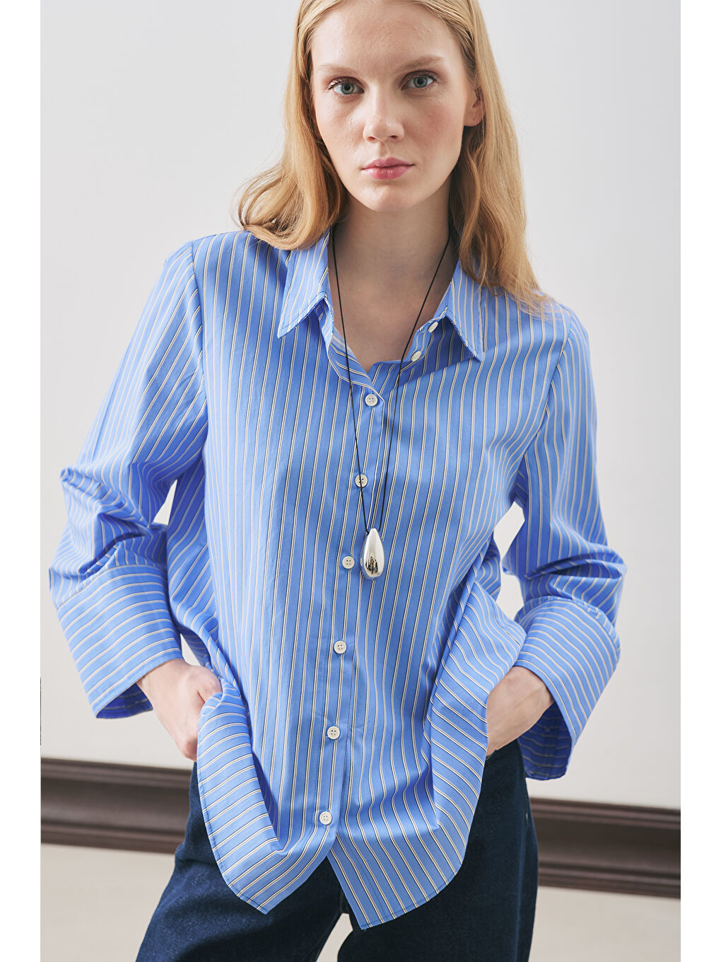 Oversıze Çizgili Gömlek Mavi Çizgi-3