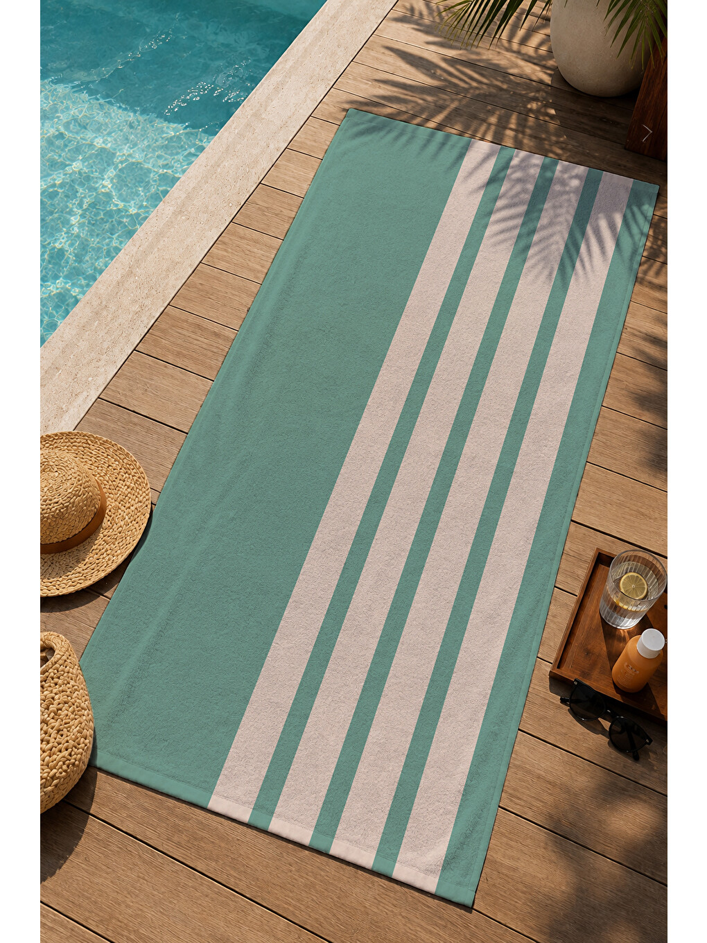 Ekru Mint Krem Kalın Dikey Çizgili 70x150 Cm Dijital Baskılı Plaj Ve Banyo Havlusu-2