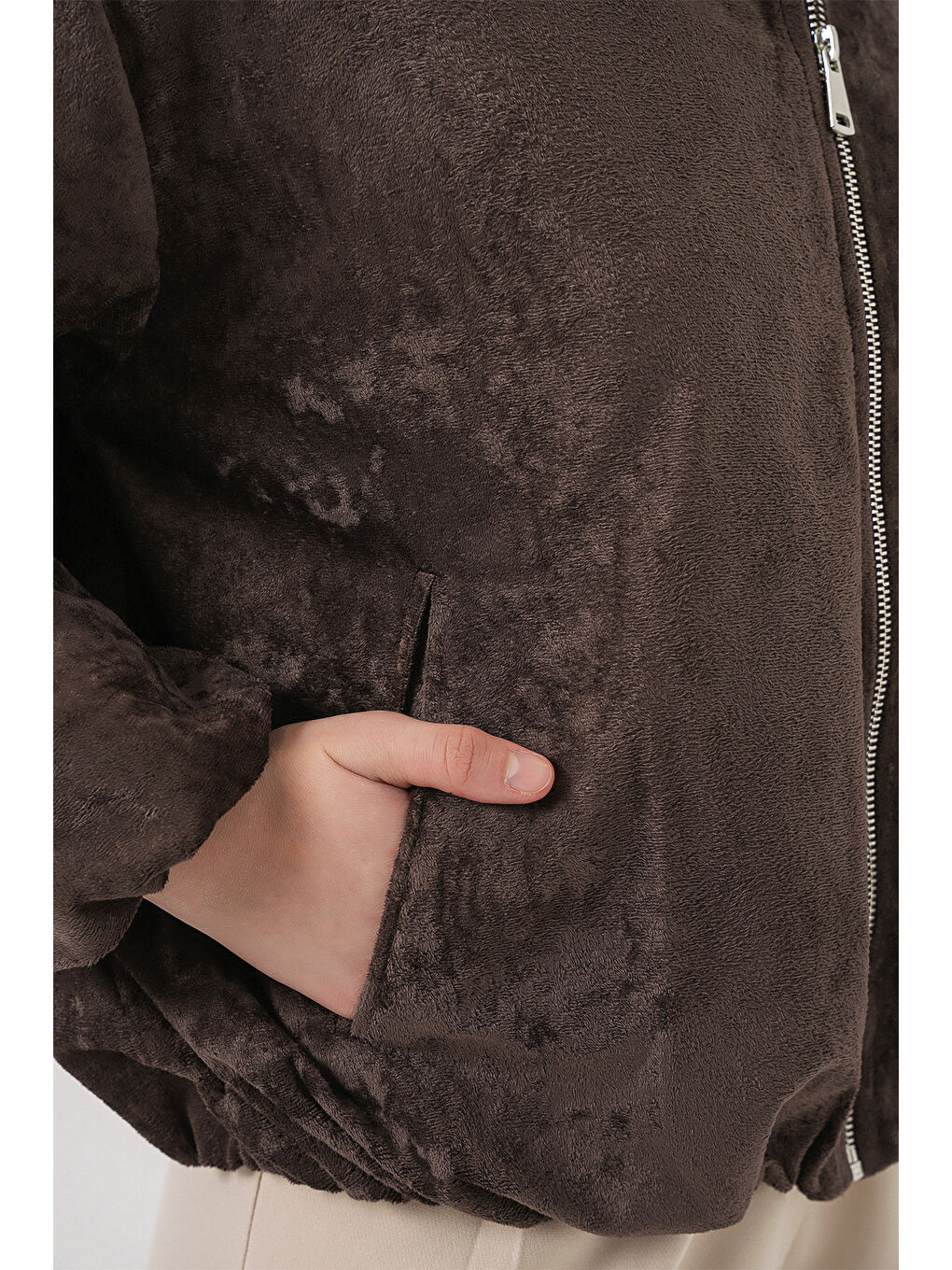 Kadın Büzgülü Oversize Kadife Ceket 0733 - Kahverengi-4