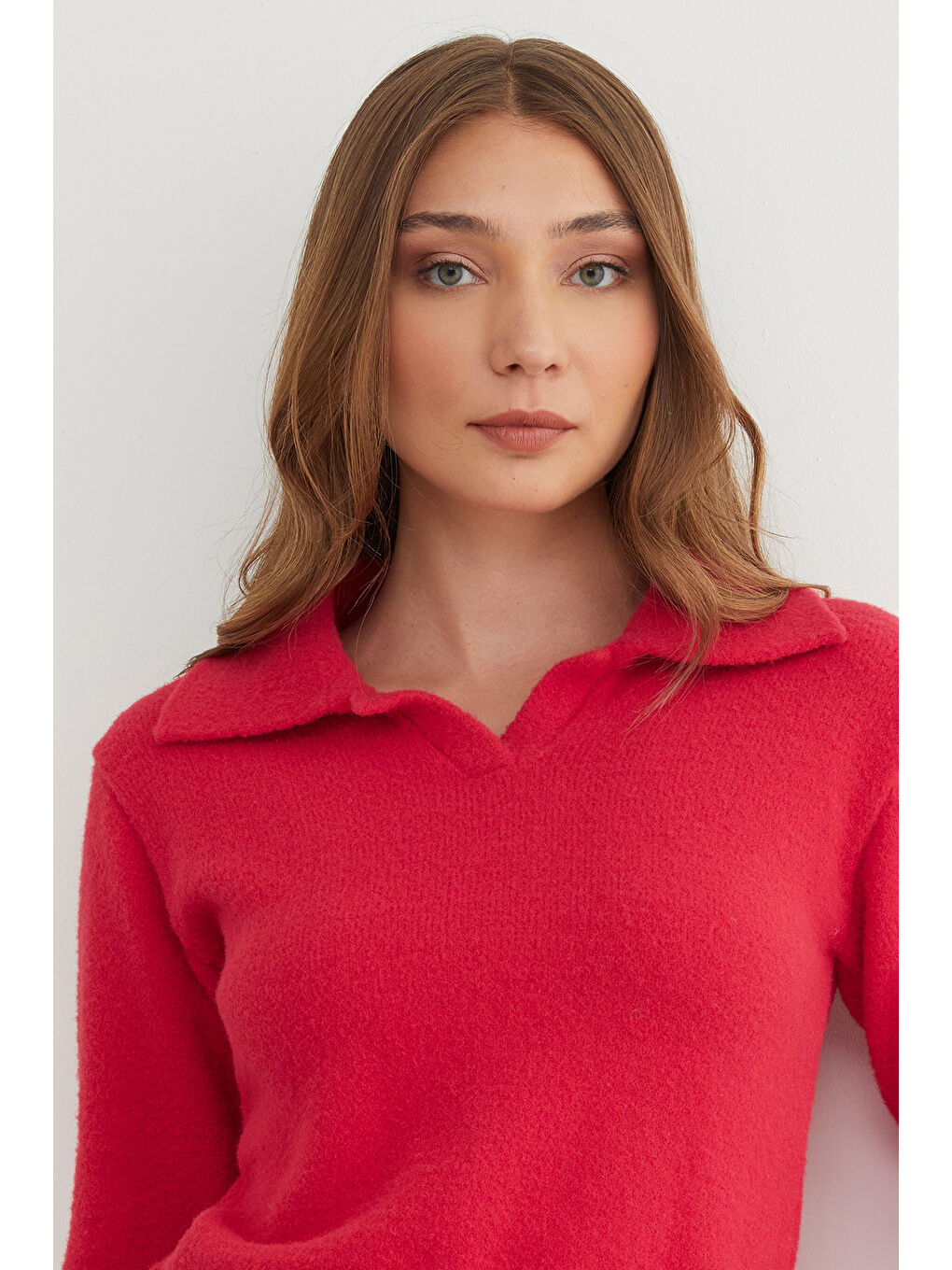 Kırmızı Basic Gömlek Yaka Sakallı Kazak-4