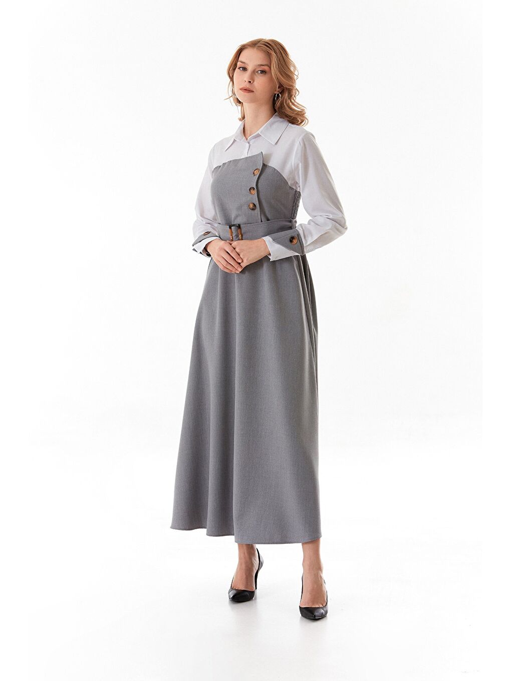 Gri Gömlek Detaylı Kemerli Beli Lastikli Elbise-1