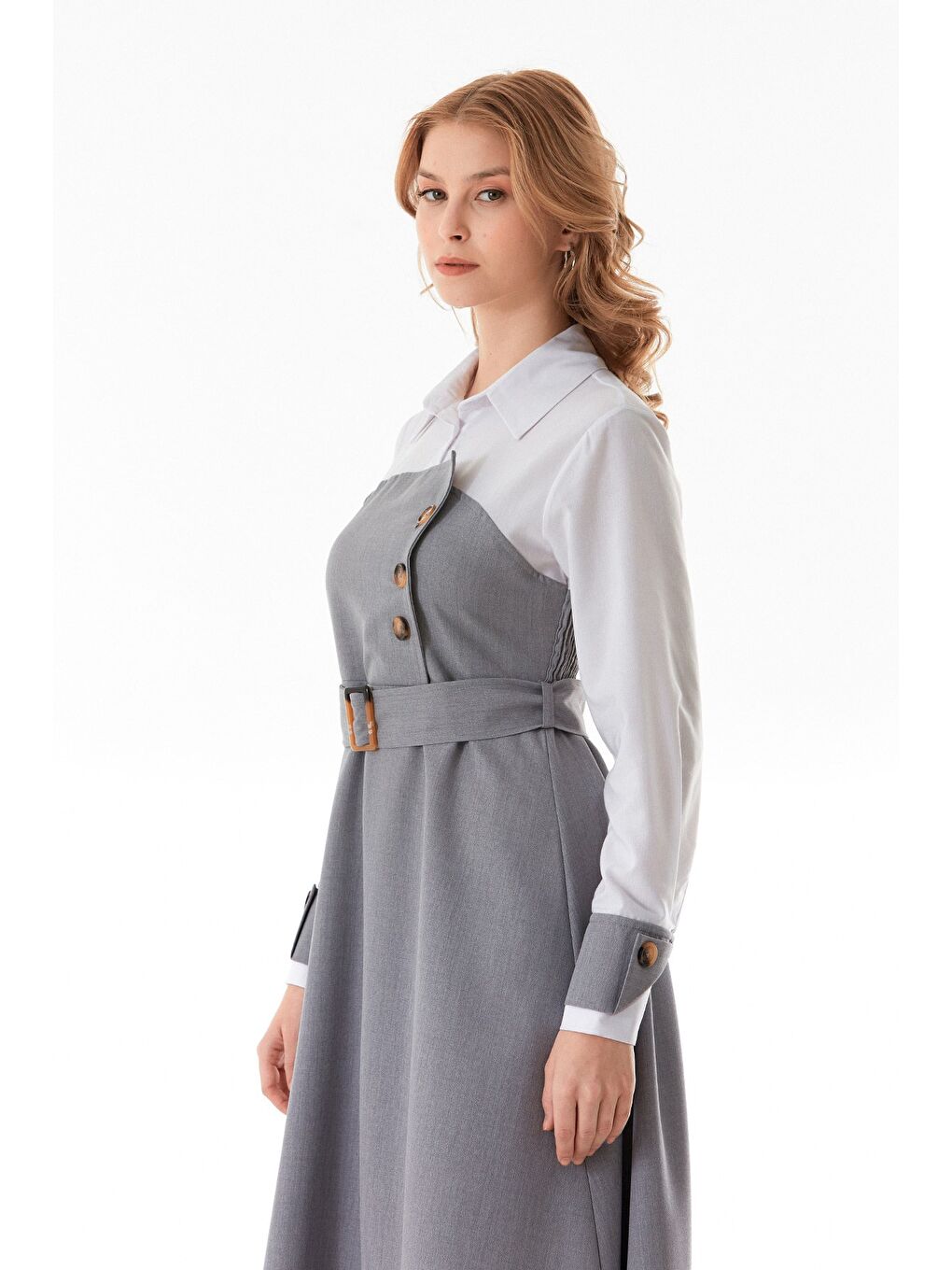 Gri Gömlek Detaylı Kemerli Beli Lastikli Elbise-2