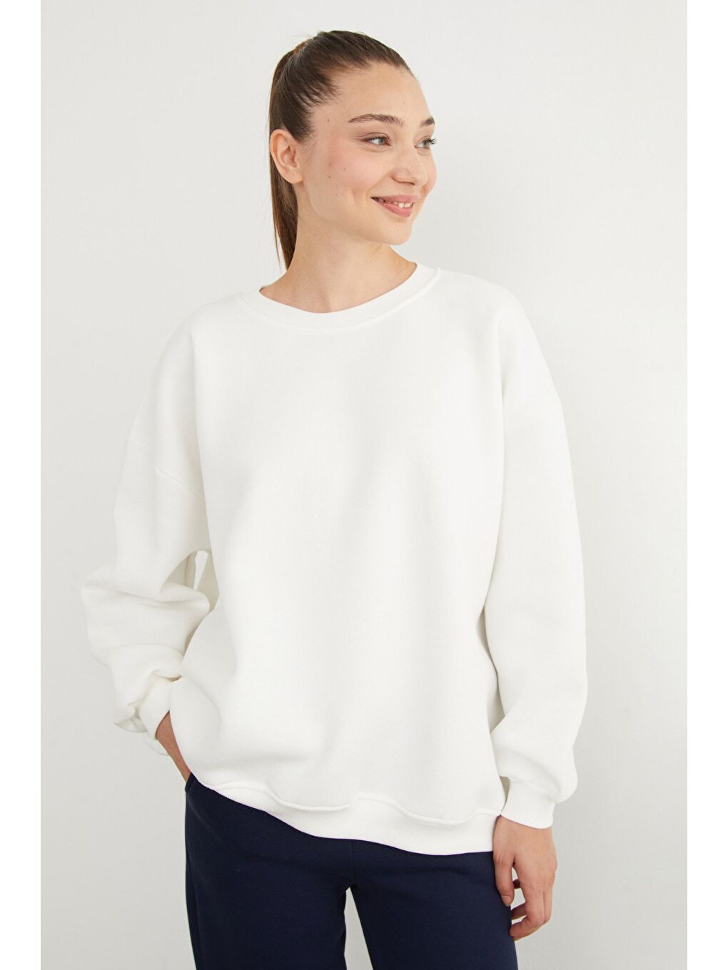 Ekru 3 İplik Basic Oversize Sweatshirt