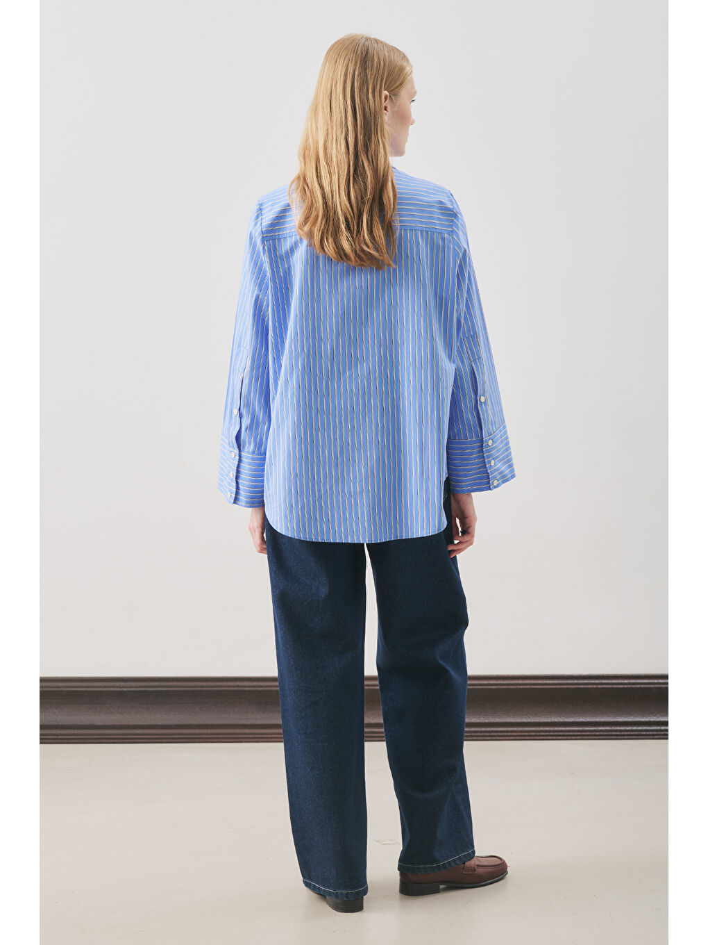 Oversıze Çizgili Gömlek Mavi Çizgi-5
