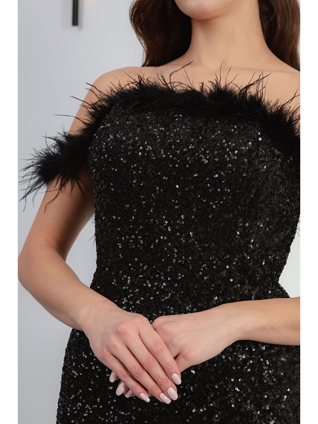 Kadın Siyah Kayık Yaka Payetli Uzun  Balık Abiye Elbise-2