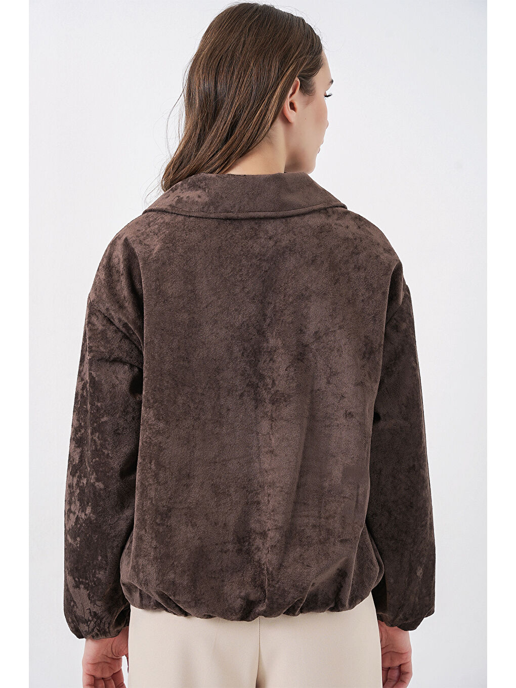 Kadın Büzgülü Oversize Kadife Ceket 0733 - Kahverengi-5