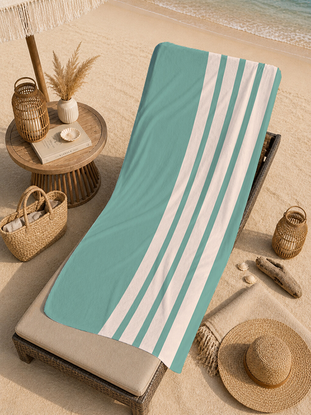 Ekru Mint Krem Kalın Dikey Çizgili 70x150 Cm Dijital Baskılı Plaj Ve Banyo Havlusu-4