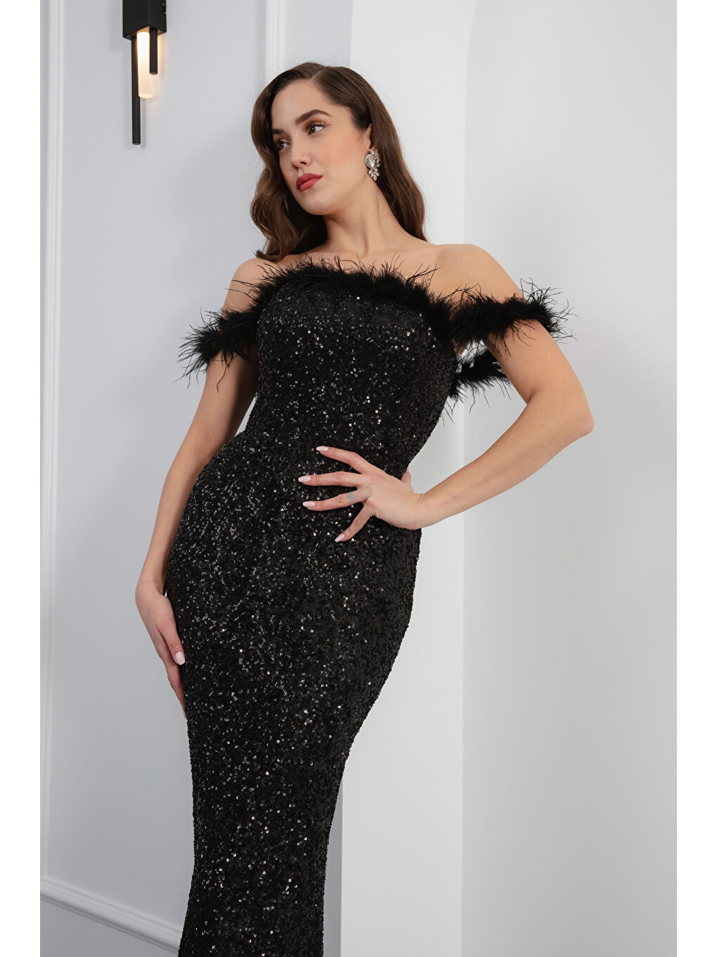 Kadın Siyah Kayık Yaka Payetli Uzun  Balık Abiye Elbise-3