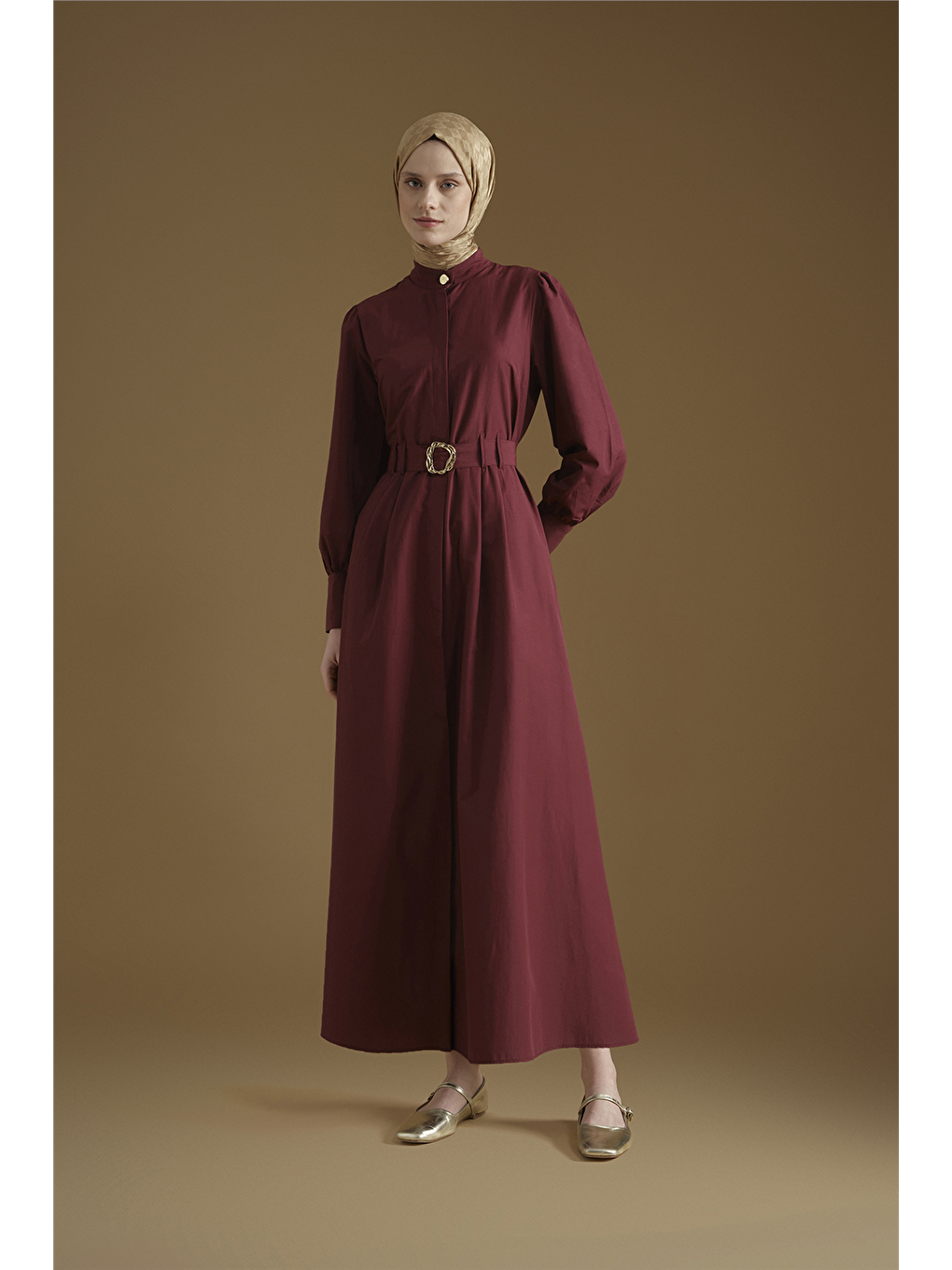 Gold Düğmeli Kemerli Poplin Elbise Bordo-1