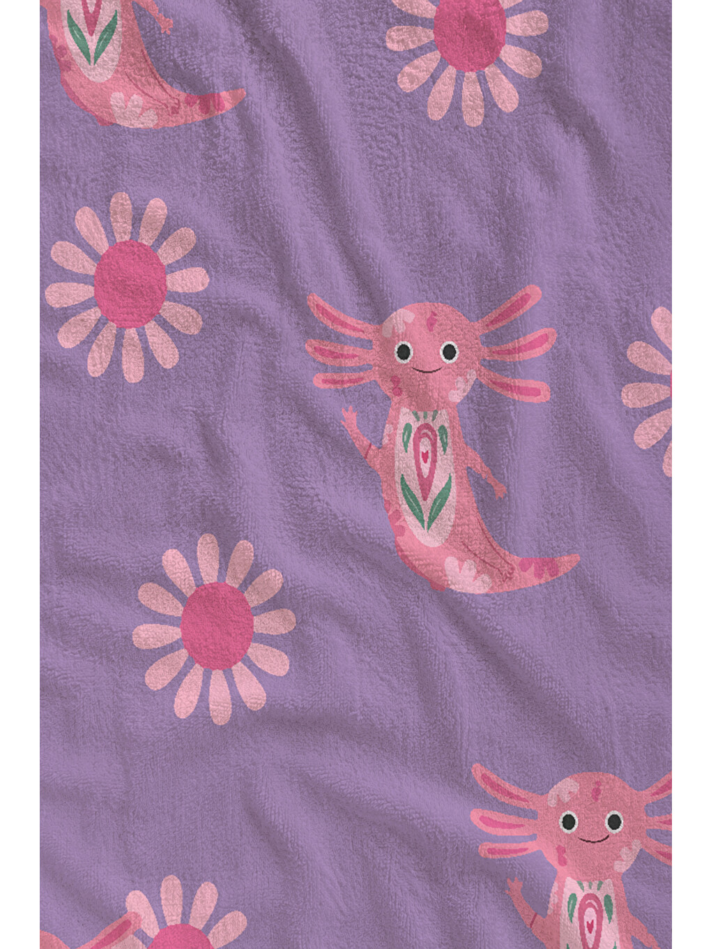 Lila Pembe Aksolotl Ve Papatya Desenli 70x150 Cm Dijital Baskılı Plaj Ve Banyo Havlusu-1