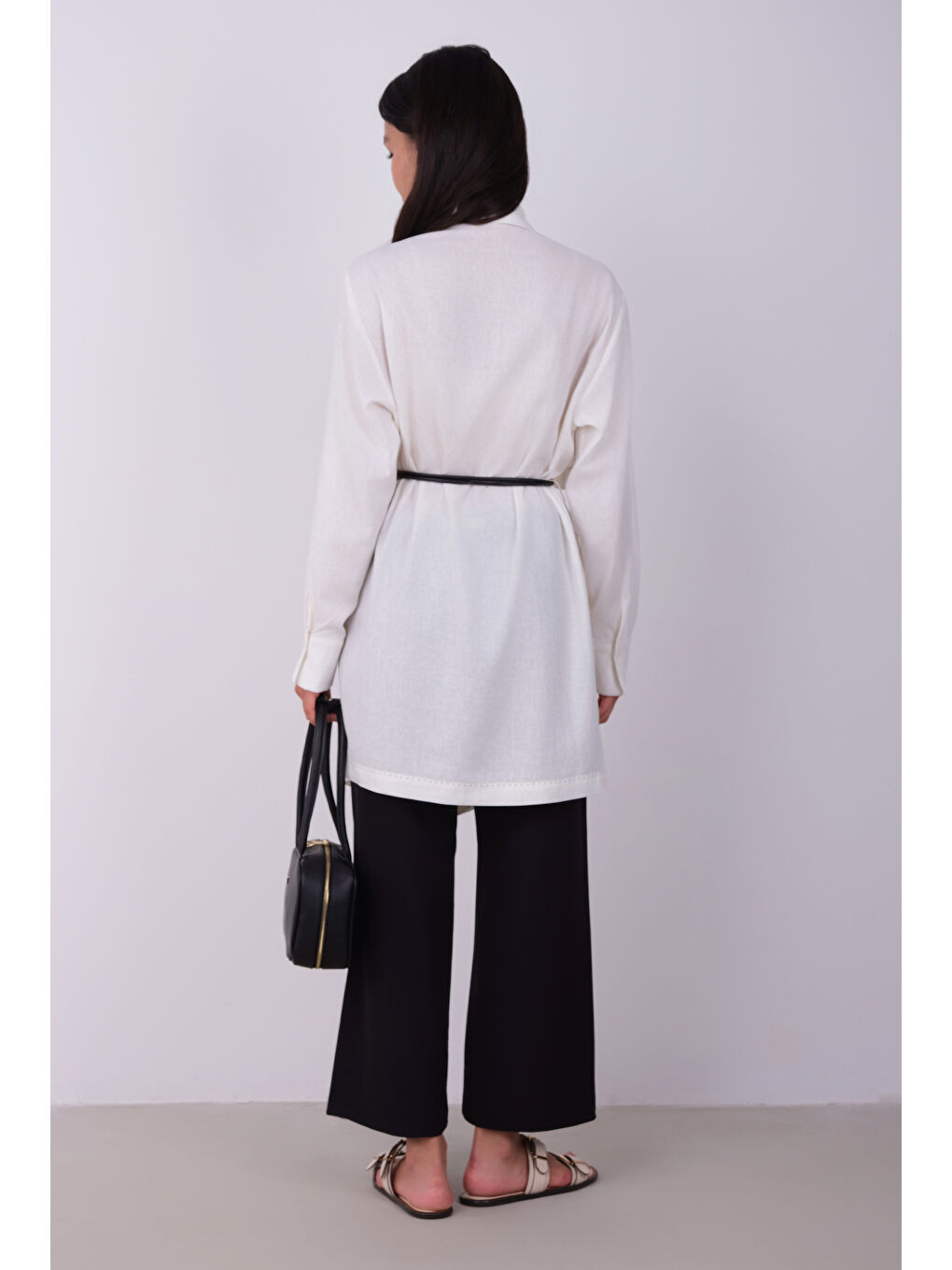 Geniş Parçalı Tasarım Gömlek Ekru-4