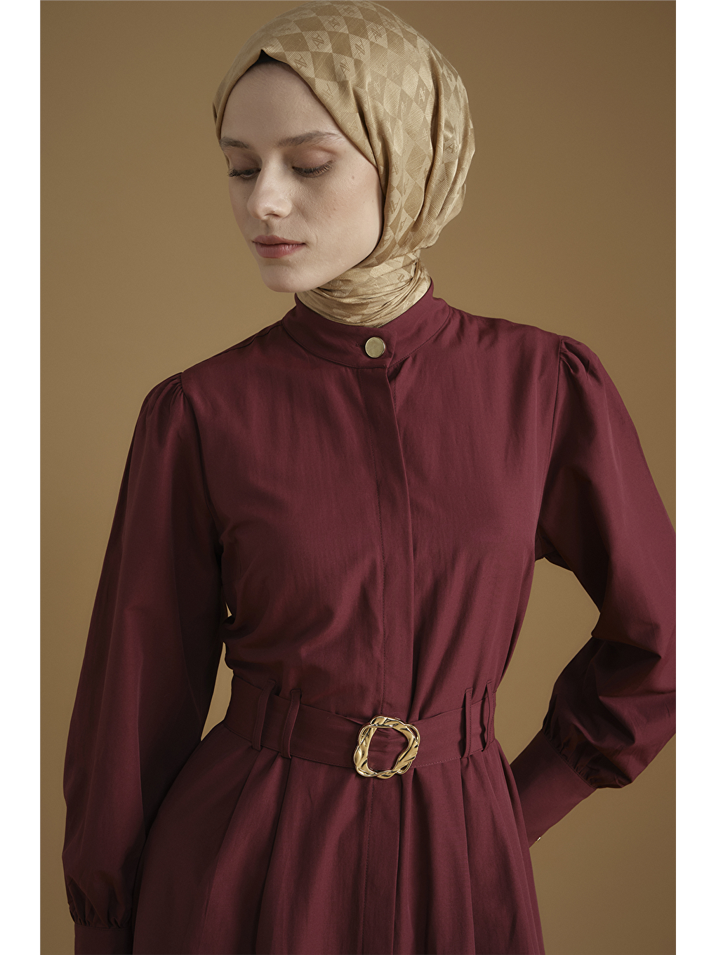 Gold Düğmeli Kemerli Poplin Elbise Bordo-2