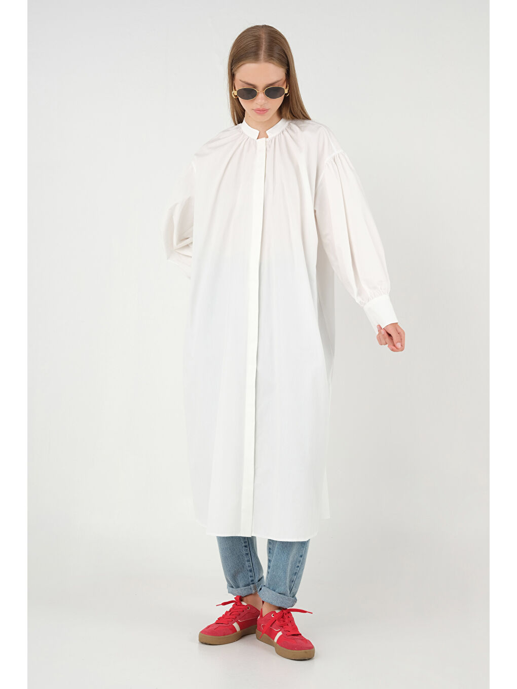 Yakası Büzgülü Poplin Gömlek Beyaz-1