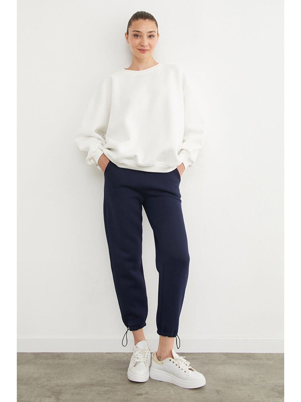 Ekru 3 İplik Basic Oversize Sweatshirt-1