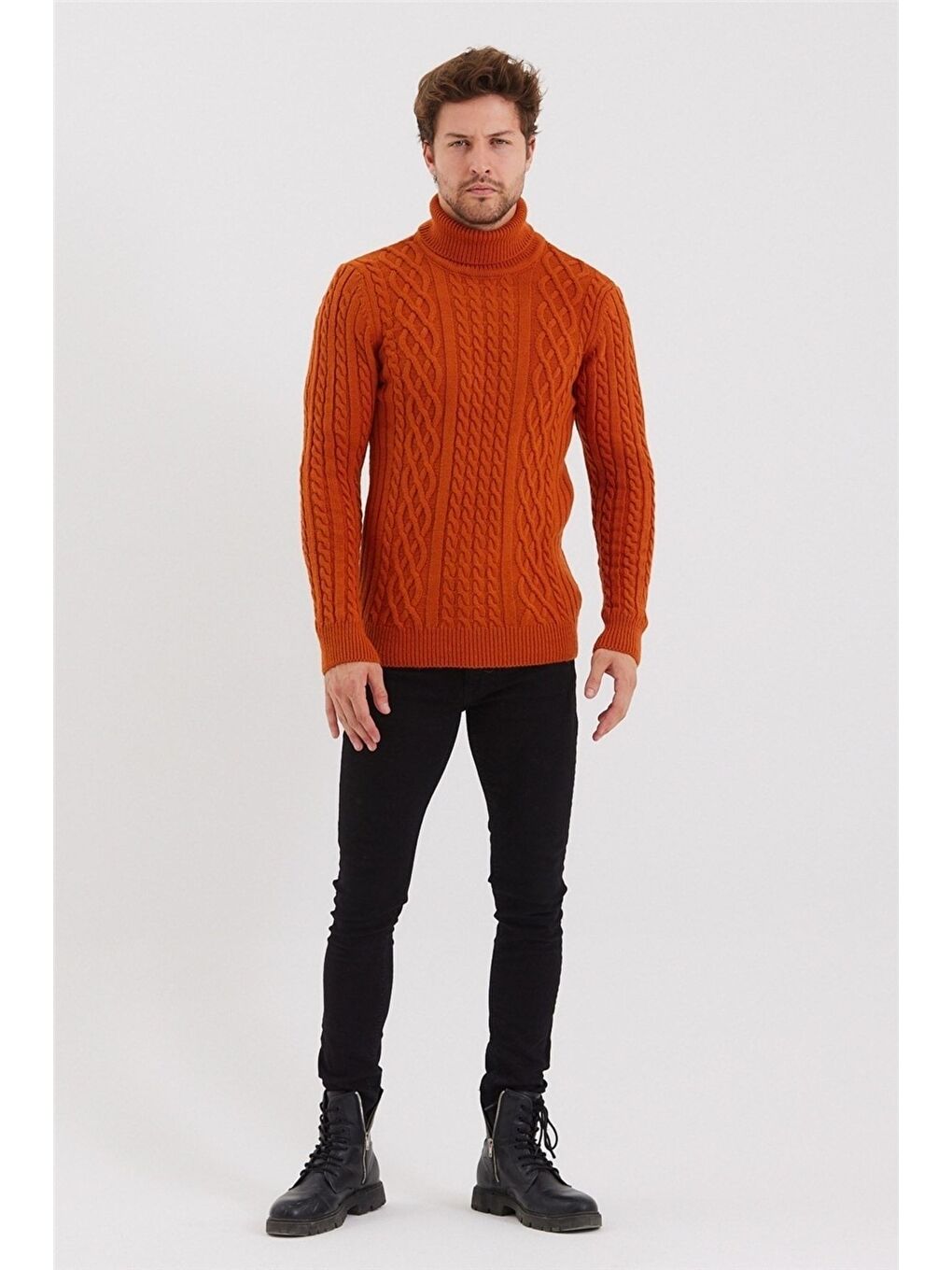 Kahverengi Erkek Örgü Desenli Triko Kazak-trz8152r03s-4