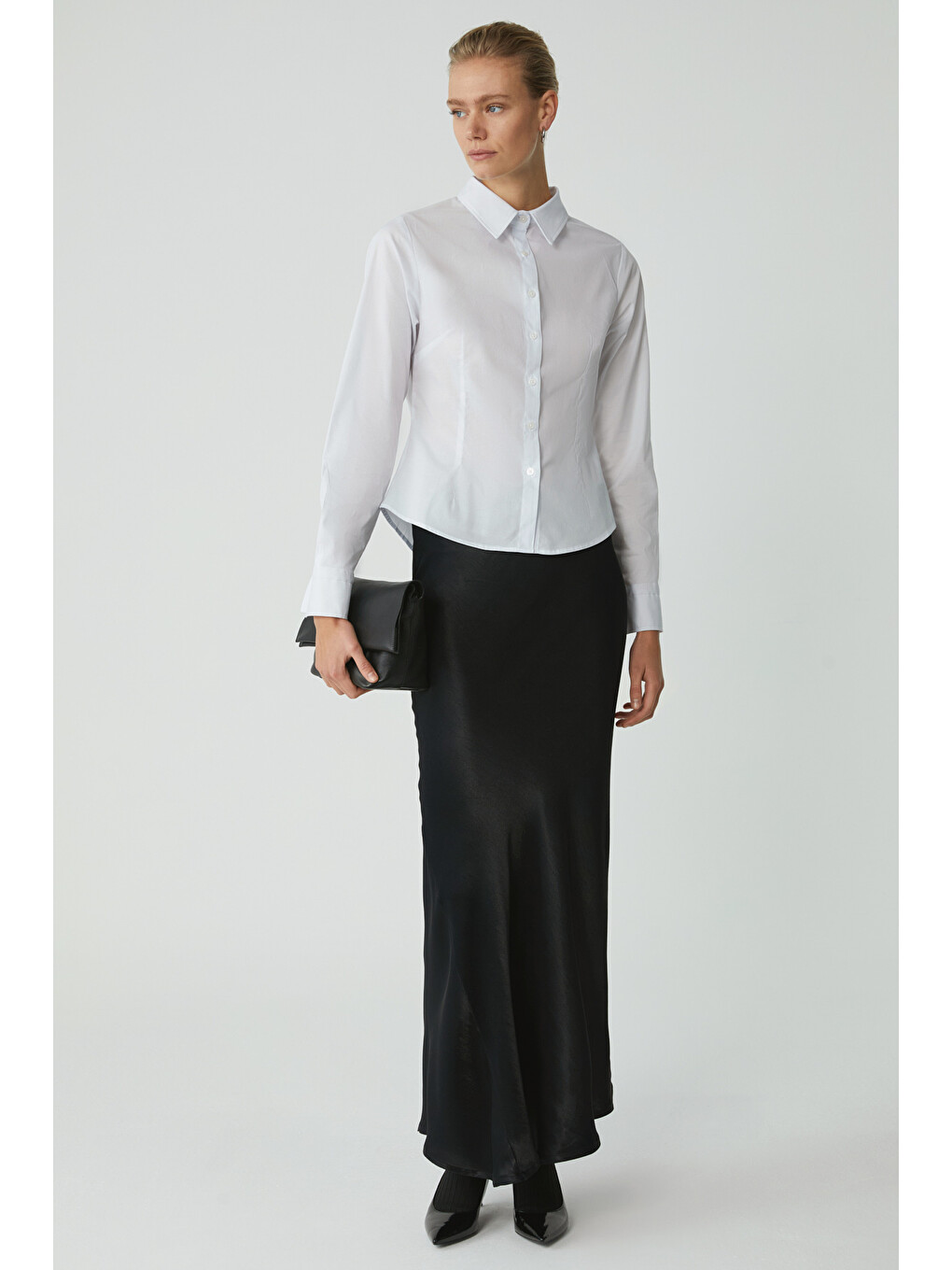Evangelıne Kadın Slim Fit Dar Kesim Elastanlı Cepsiz Uzun Kollu Poplin Beyaz Gömlek-1