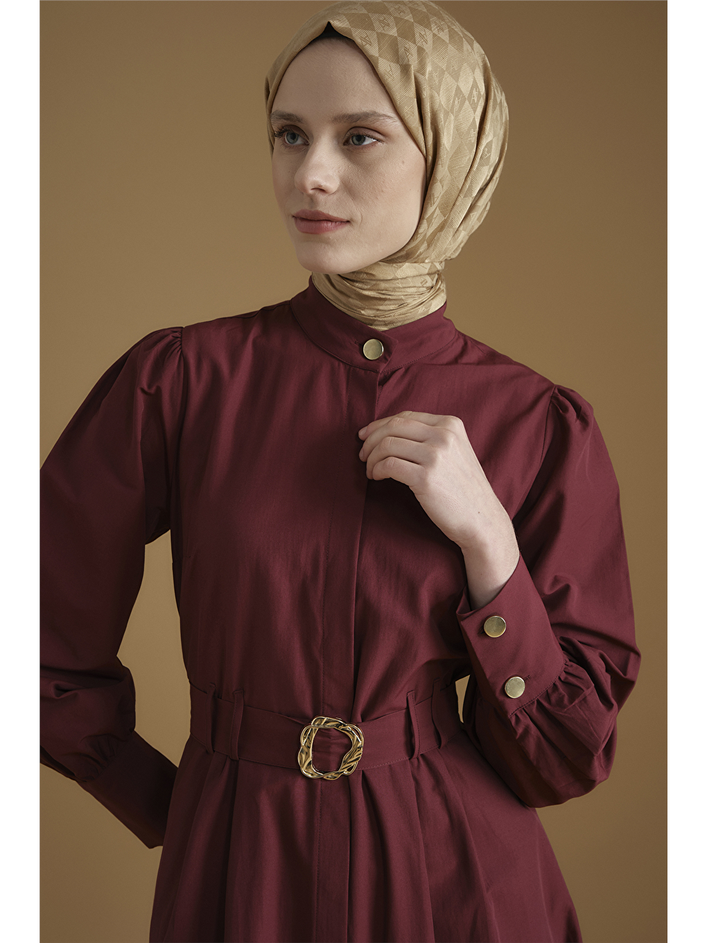 Gold Düğmeli Kemerli Poplin Elbise Bordo-3