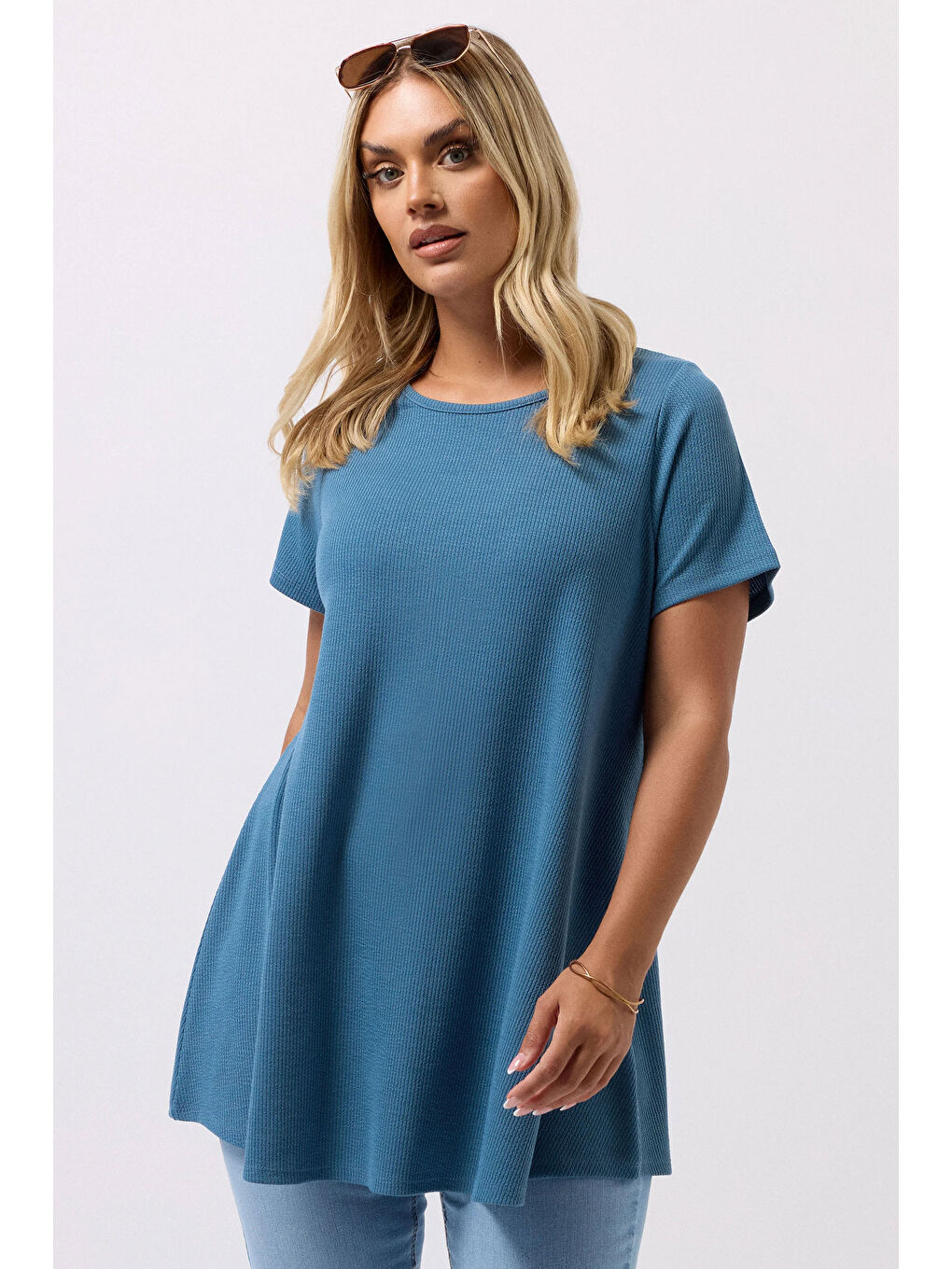 Mavi Büyük Beden Bisiklet Yaka Kısa Kollu Fitilli Esnek Kumaş Uzun T-shirt 304002-1