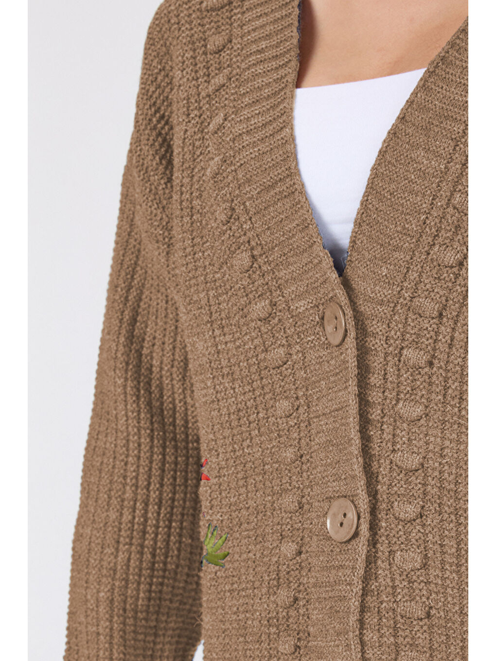 Bej Çiçek Nakış Detaylı Triko Hırka Vizon - 27662-4