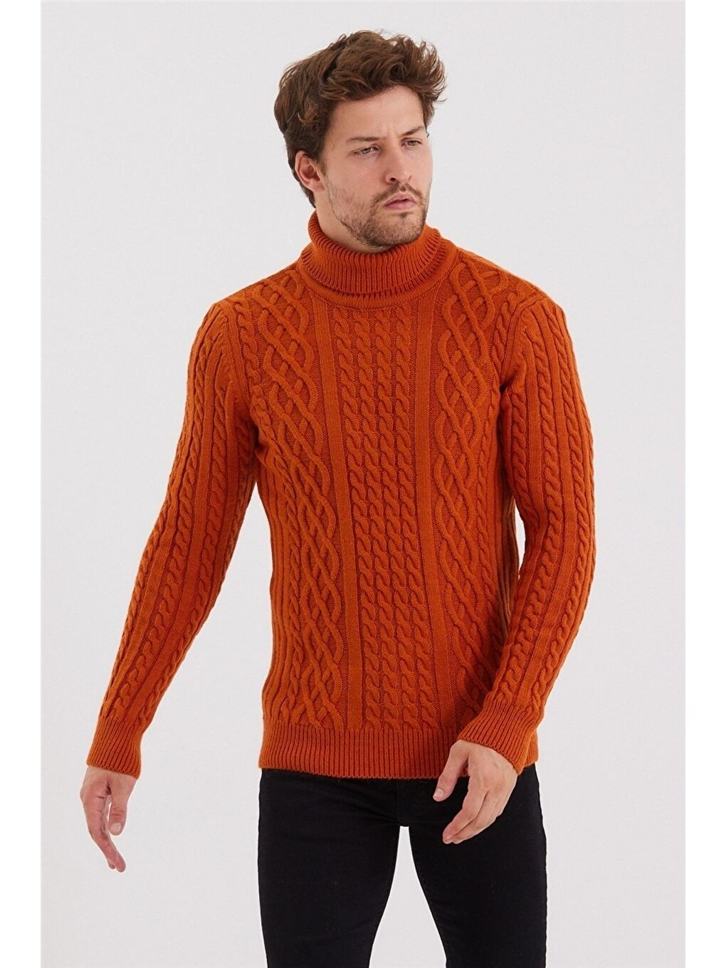 Kahverengi Erkek Örgü Desenli Triko Kazak-trz8152r03s-5