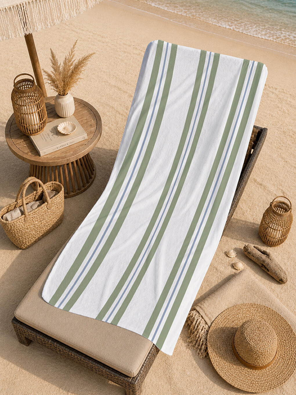 Beyaz Yeşil İnce Dikey Çizgili 70x150 Cm Dijital Baskılı Plaj Ve Banyo Havlusu-4