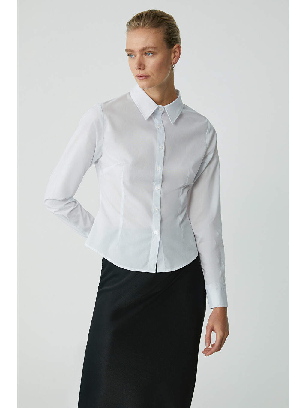 Evangelıne Kadın Slim Fit Dar Kesim Elastanlı Cepsiz Uzun Kollu Poplin Beyaz Gömlek-2