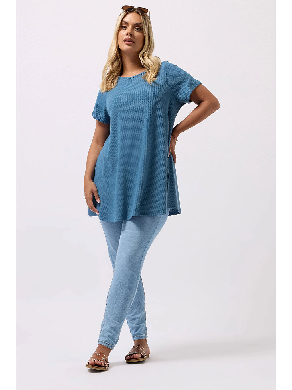 Mavi Büyük Beden Bisiklet Yaka Kısa Kollu Fitilli Esnek Kumaş Uzun T-shirt 304002-3