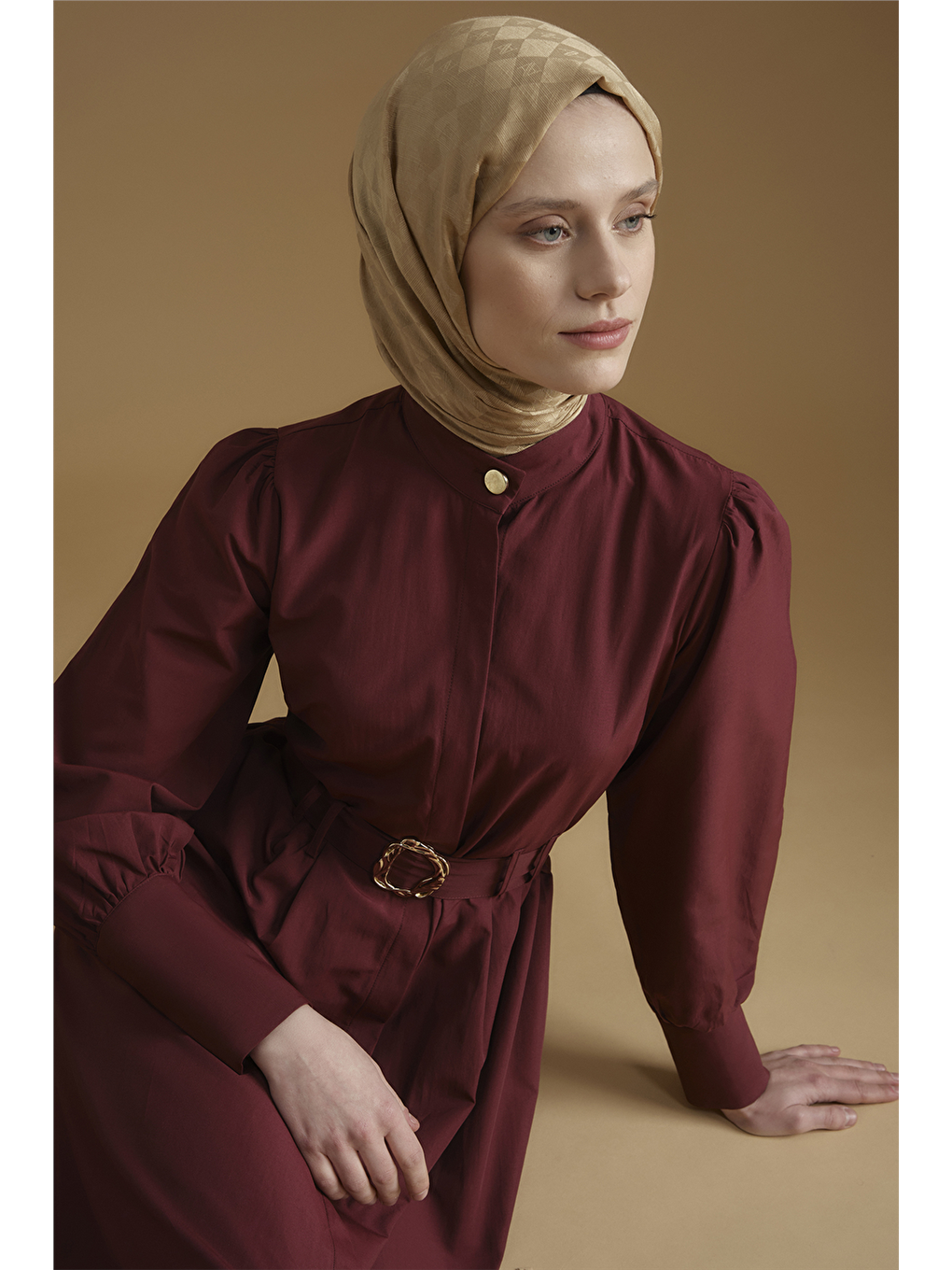 Gold Düğmeli Kemerli Poplin Elbise Bordo-4