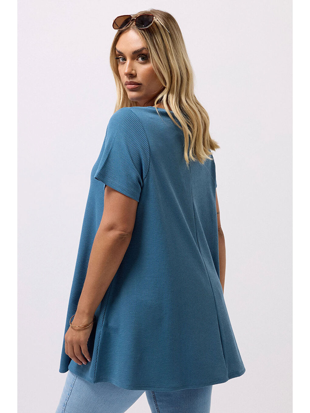 Mavi Büyük Beden Bisiklet Yaka Kısa Kollu Fitilli Esnek Kumaş Uzun T-shirt 304002-4