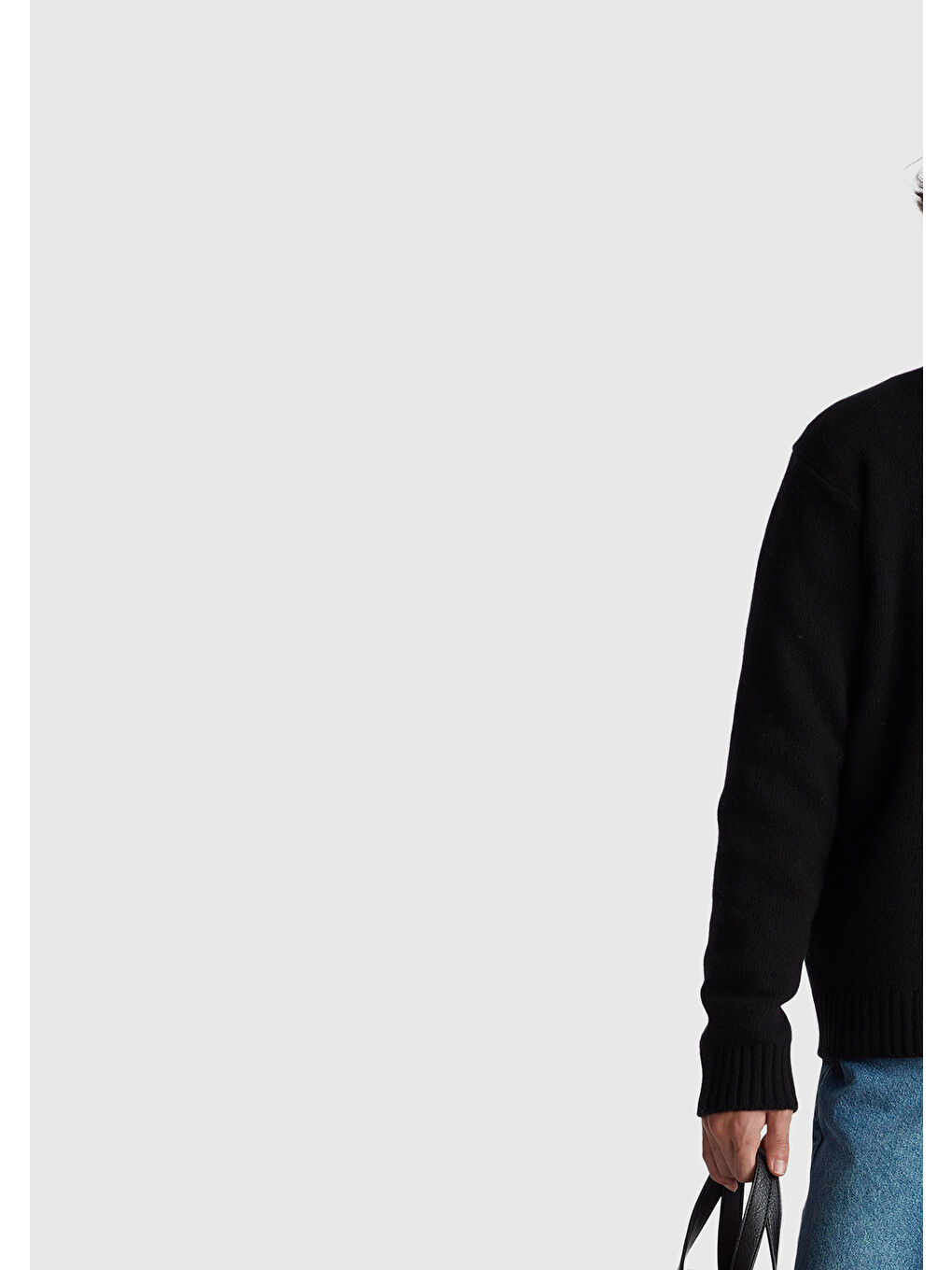 Erkek Siyah Yün Karışımlı Önü Logo İşlemeli Bisiklet Yaka Kazak-4