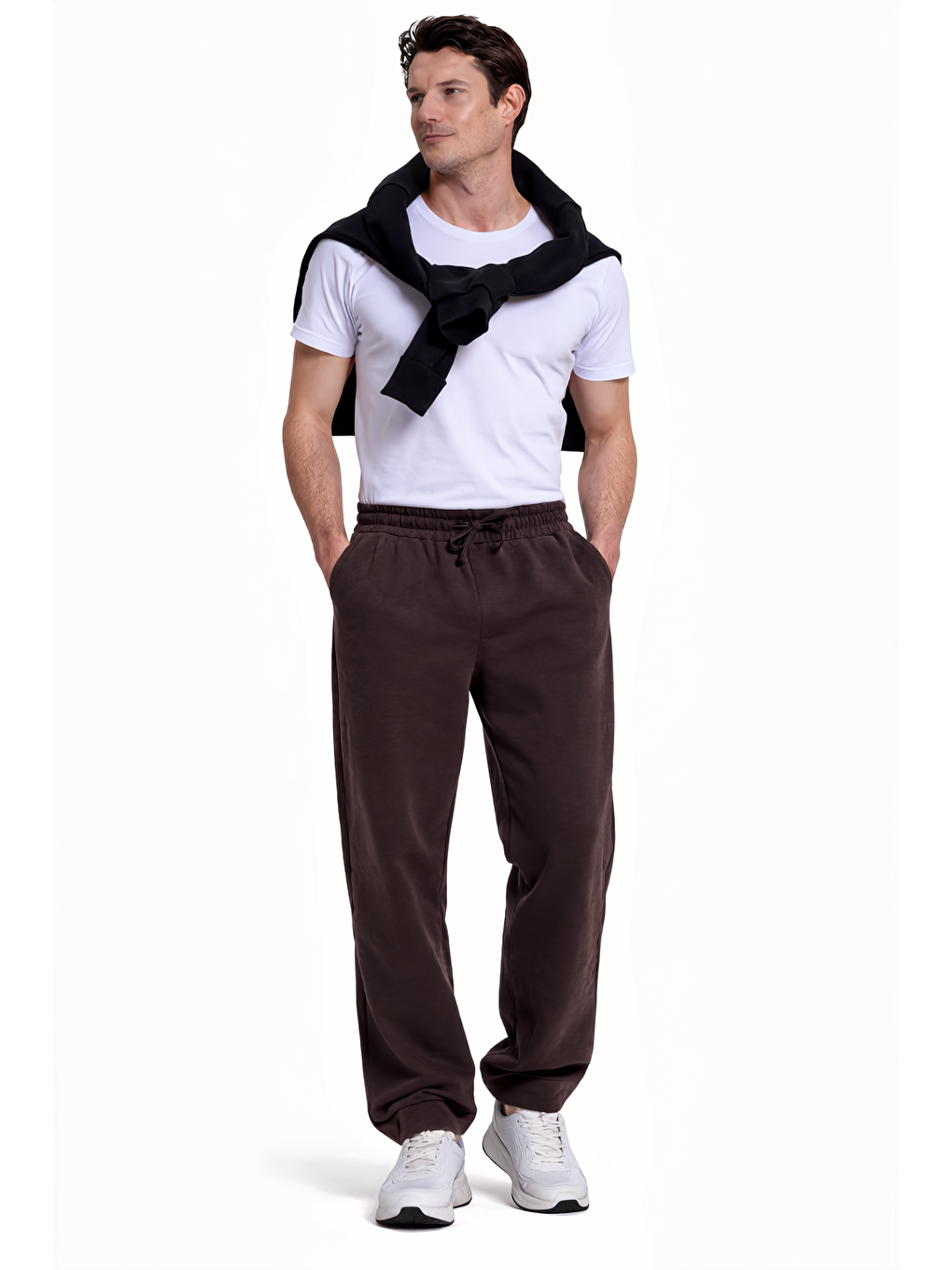 Erkek Kahverengi Pamuklu Baggy Fit Rahat Kesim Beli Bağcıklı Yan Cepli Örme Eşofman Altı-1