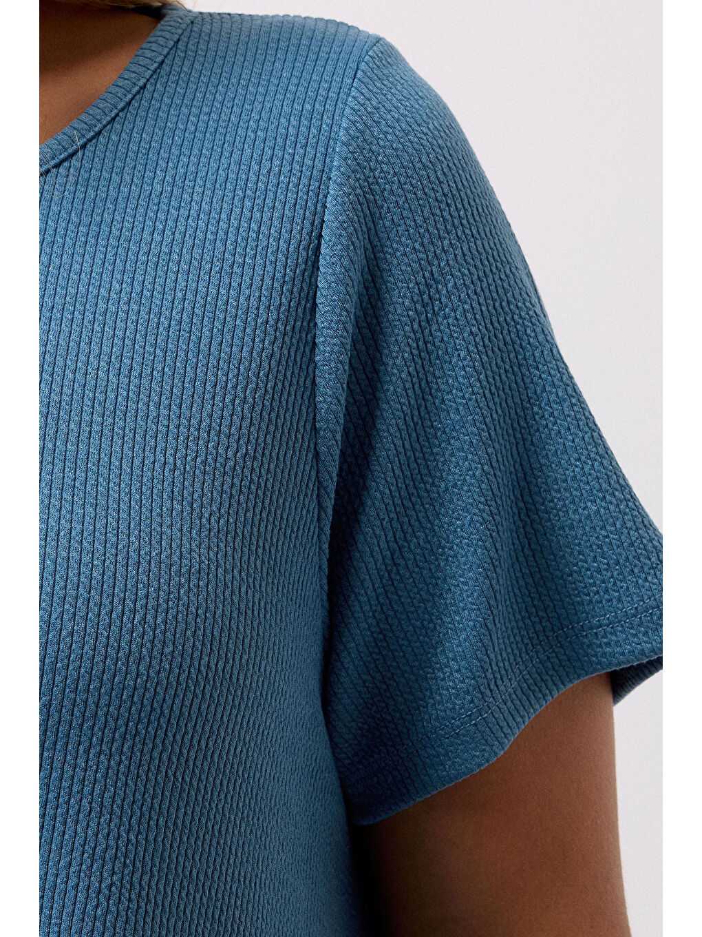 Mavi Büyük Beden Bisiklet Yaka Kısa Kollu Fitilli Esnek Kumaş Uzun T-shirt 304002-5