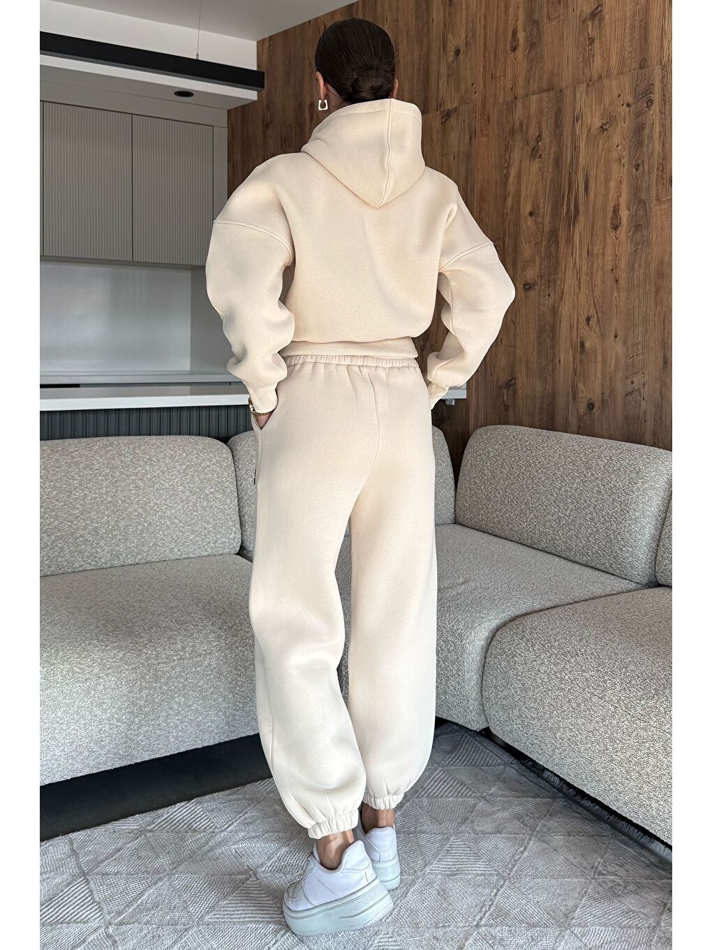 Bej Kadın Üç İplik Şardonlu Kapüşonlu Eşofman Takımı-2