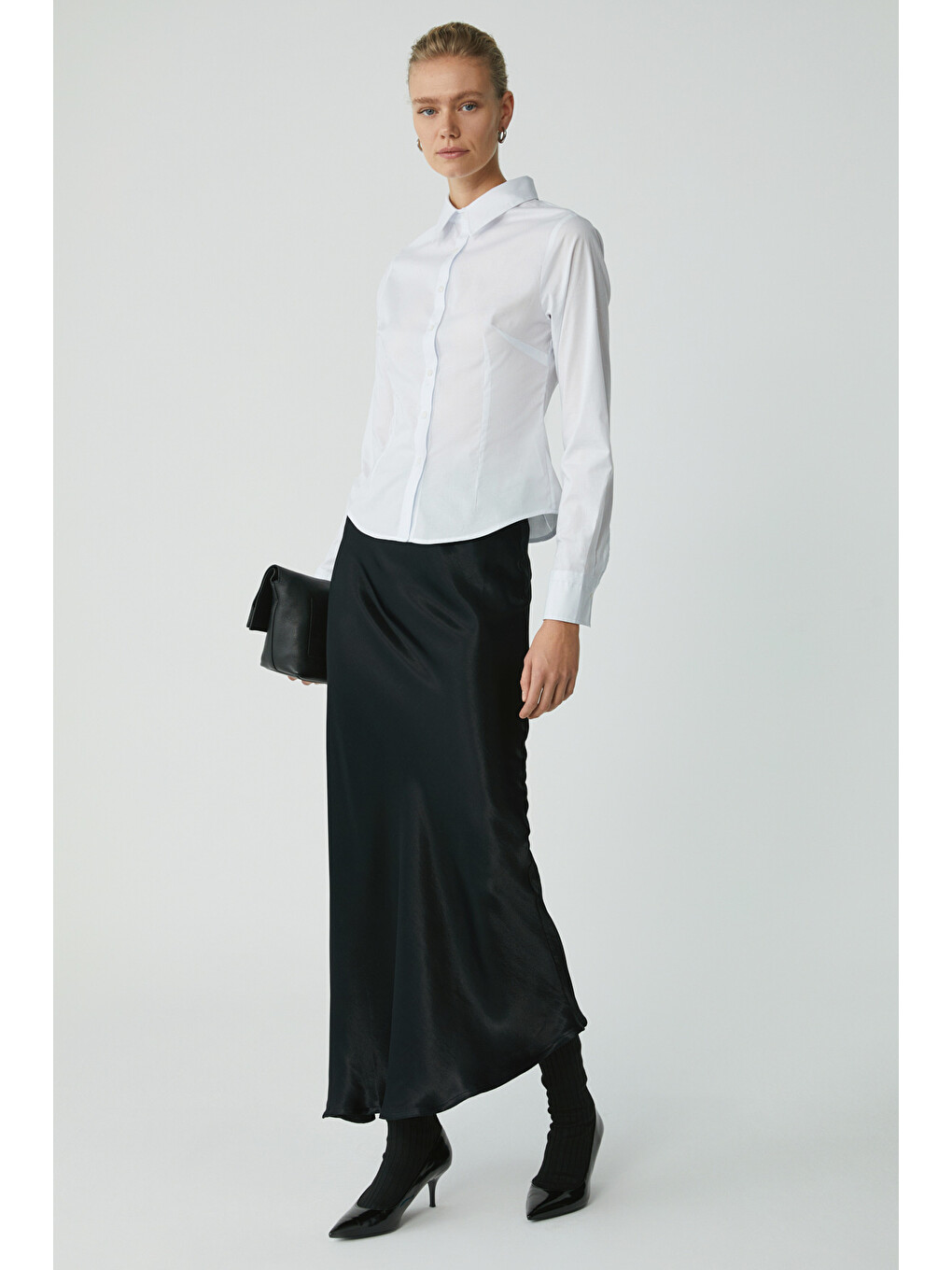 Evangelıne Kadın Slim Fit Dar Kesim Elastanlı Cepsiz Uzun Kollu Poplin Beyaz Gömlek-4