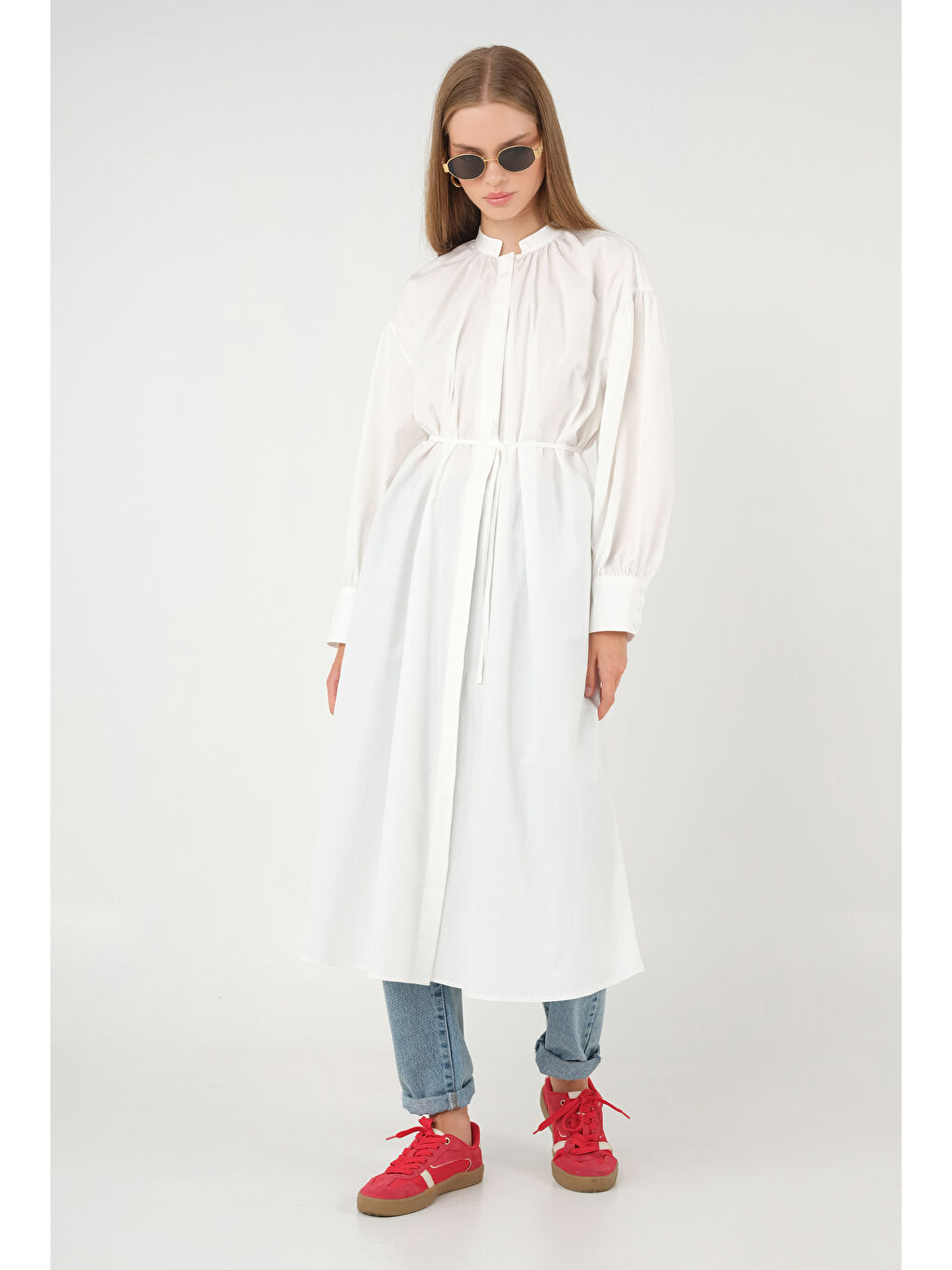 Yakası Büzgülü Poplin Gömlek Beyaz-2