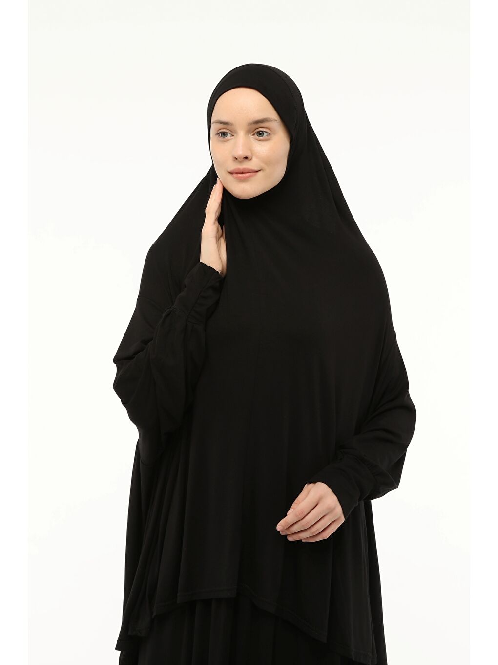Siyah İki Parça Pamuklu Yarasa Kollu Başörtülü Organik Terletmez  Elbise