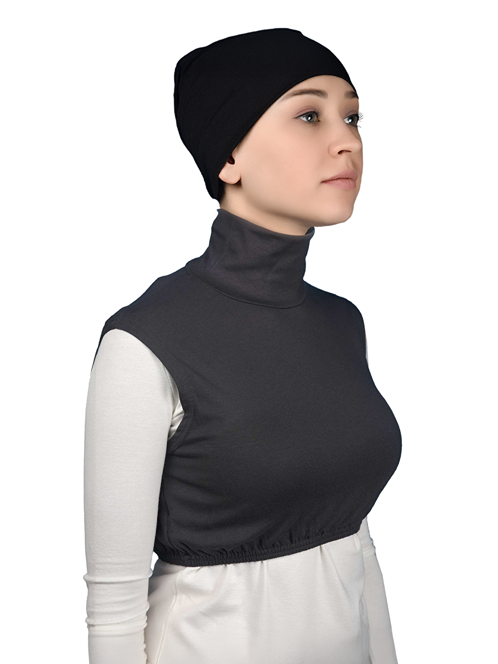 Gri Sıfır Kol Balıkçı Yaka Tam Boğazlı Elastanlı Penye Kadın Yarım Body