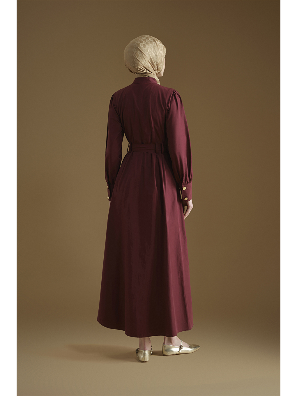 Gold Düğmeli Kemerli Poplin Elbise Bordo-5
