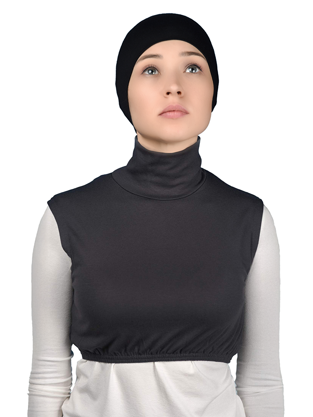 Gri Sıfır Kol Balıkçı Yaka Tam Boğazlı Elastanlı Penye Kadın Yarım Body-1