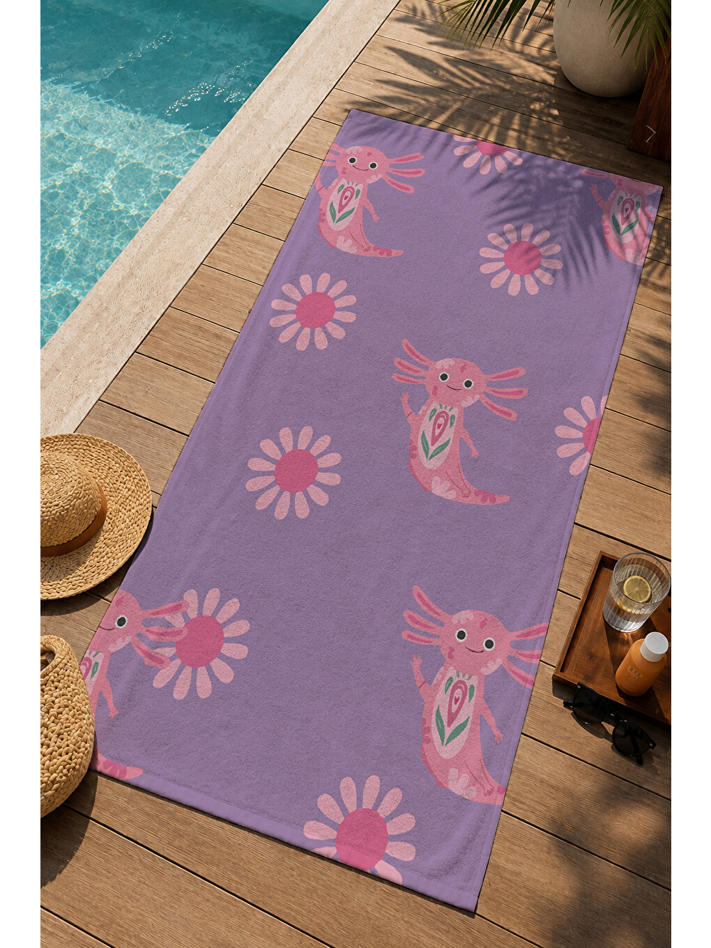 Lila Pembe Aksolotl Ve Papatya Desenli 70x150 Cm Dijital Baskılı Plaj Ve Banyo Havlusu-2